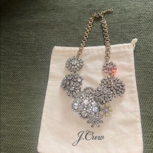 J. Crew Antique Gold Statement Necklace with Clear Crystal Floral Clusters